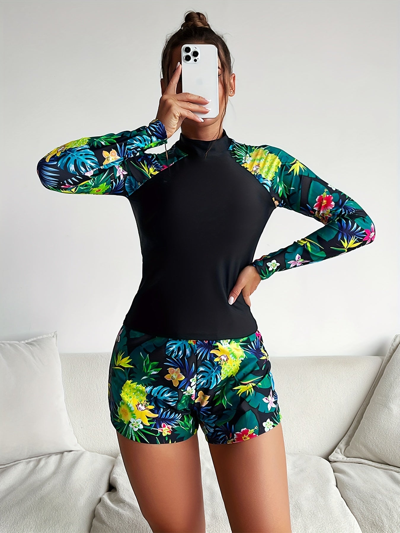 Vibrant Tropical Long Sleeve Swimsuit
