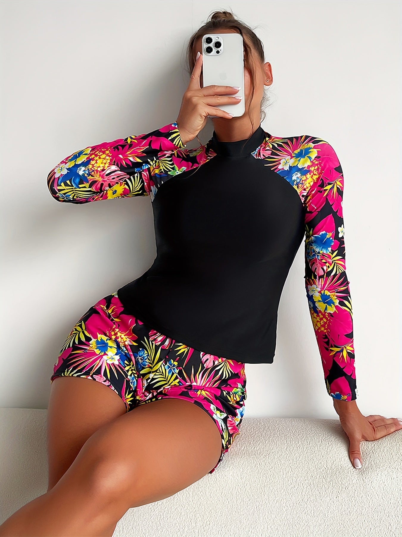 Vibrant Tropical Long Sleeve Swimsuit
