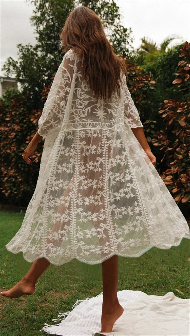 Women’s Crochet Beach Cover-Up Dress – Kaftan Tunic Pareo