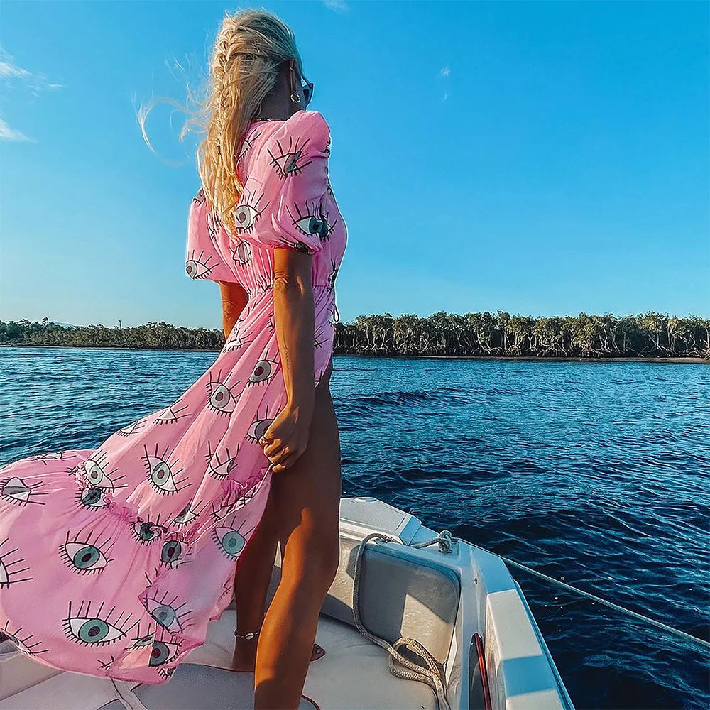 Blue Eyes Bikini Beach Cover-Up – Long Kaftan Sarong Tunic
