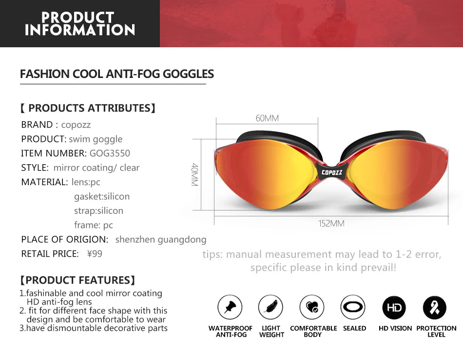 COPOZZ Professional Swimming Goggles – Anti-Fog UV Protection for Men & Women