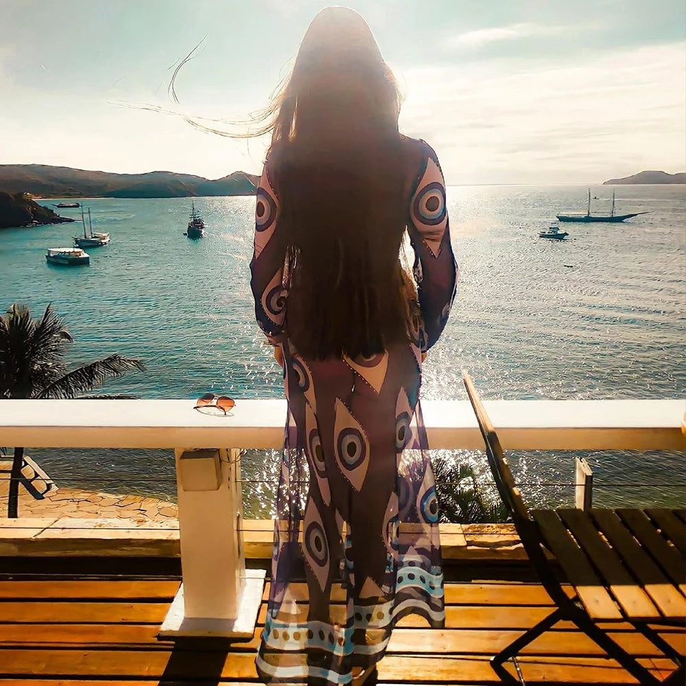 Blue Eyes Bikini Beach Cover-Up – Long Kaftan Sarong Tunic