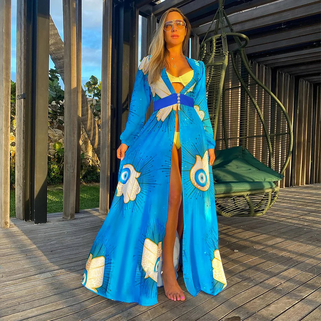 Blue Eyes Bikini Beach Cover-Up – Long Kaftan Sarong Tunic