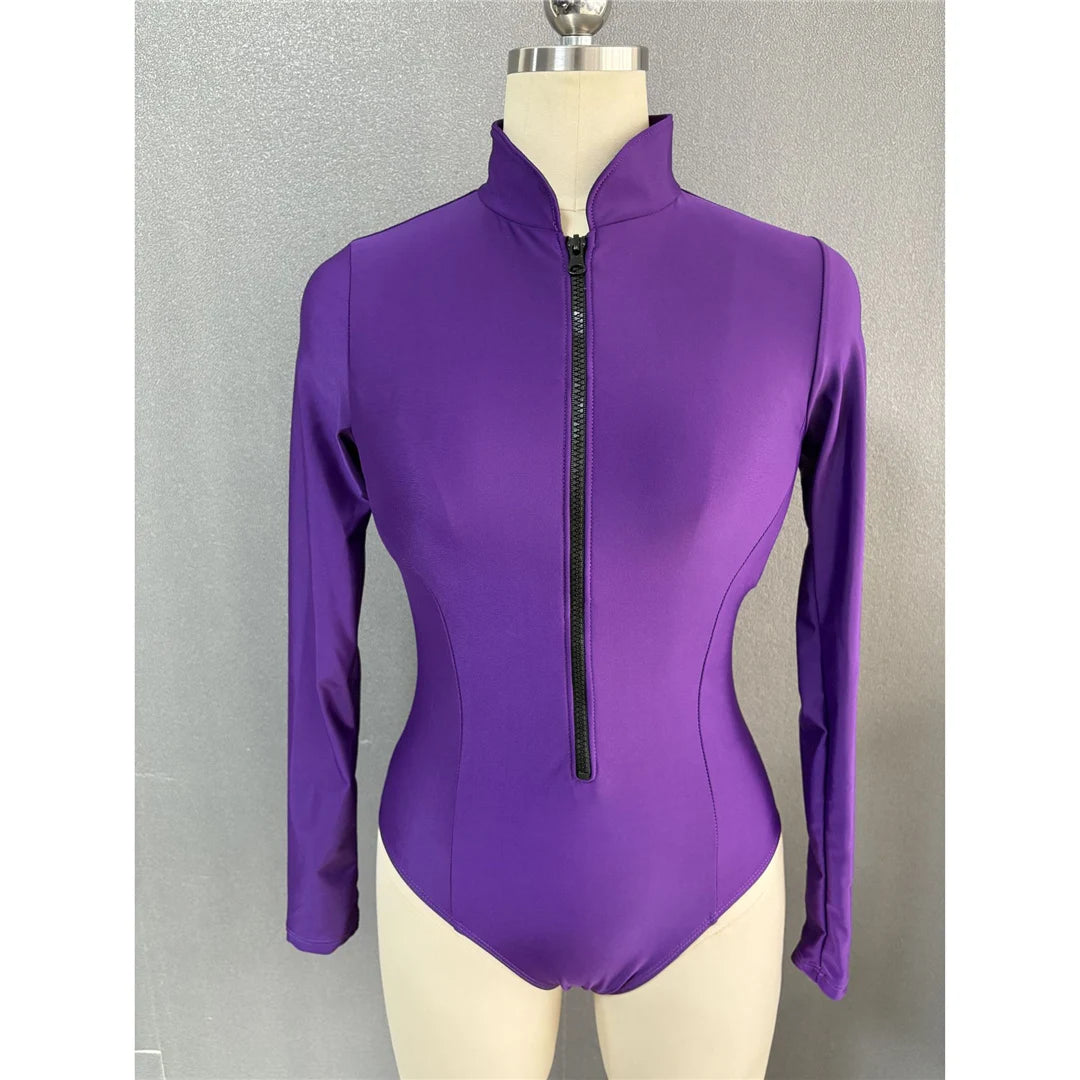 S-2XL Women’s Long Sleeve Zipper Surf Rash Guard One-Piece Swimsuit