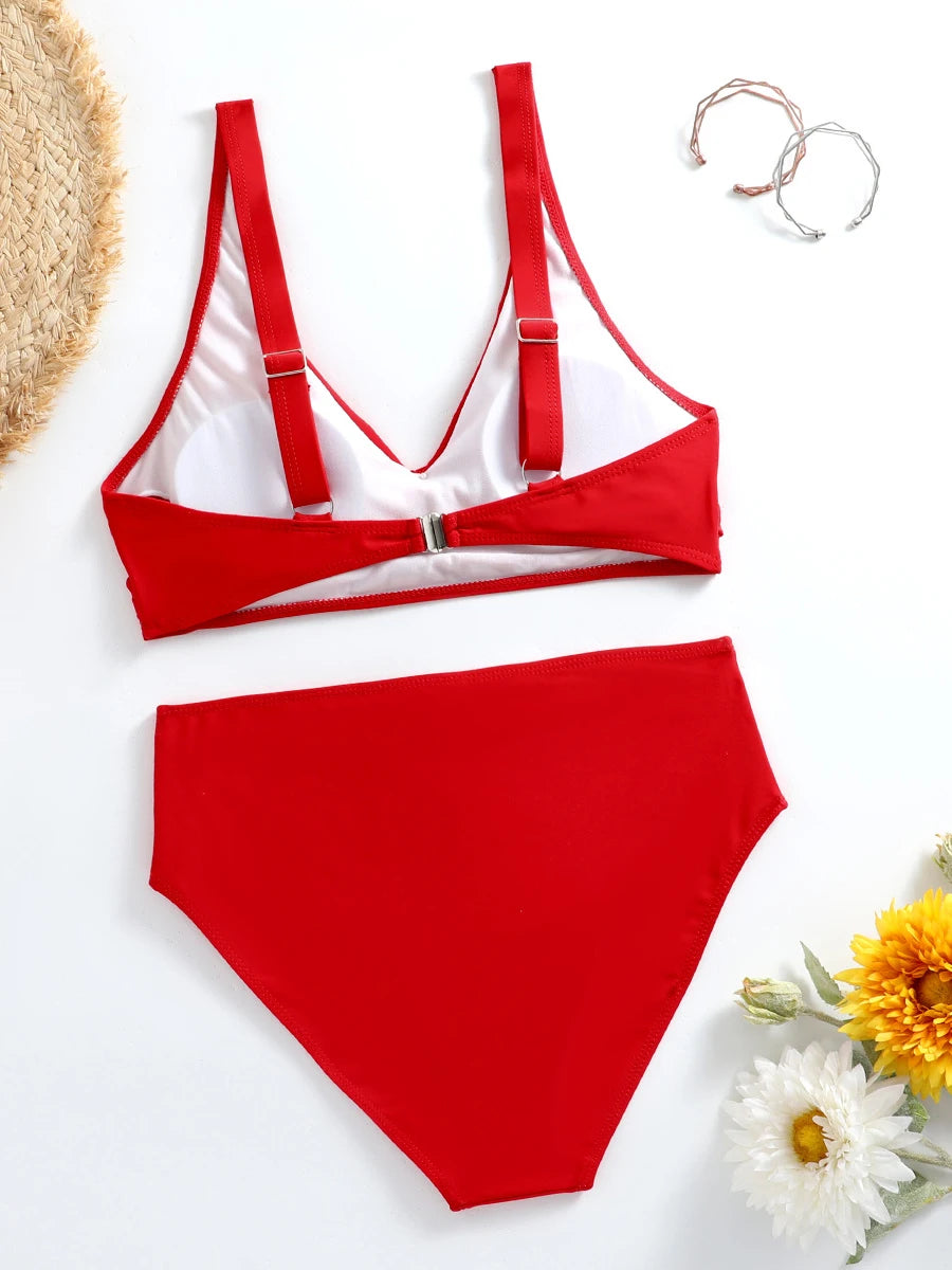 Women’s V-Neck Bikini Set – High-Waisted Vintage Swimsuit