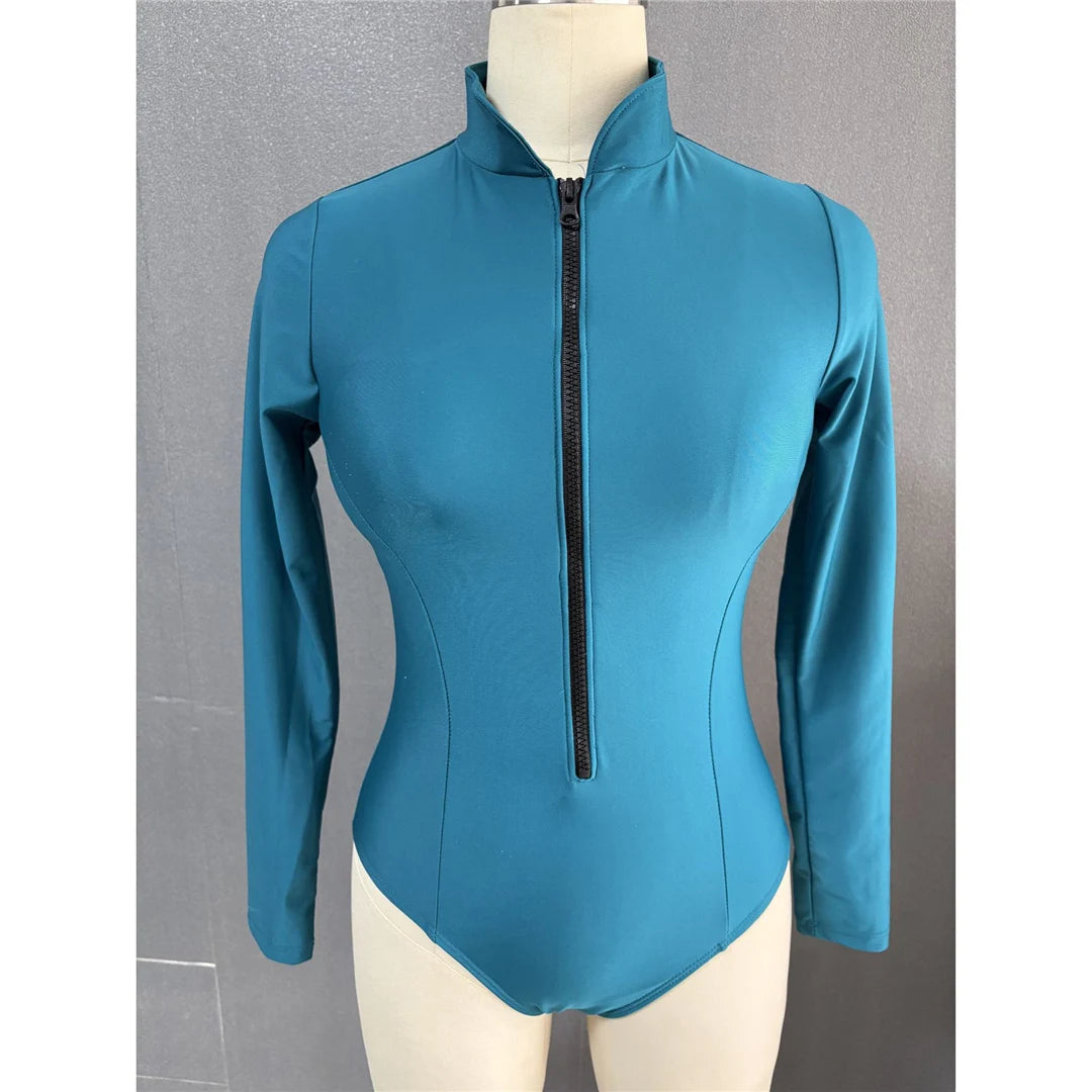 S-2XL Women’s Long Sleeve Zipper Surf Rash Guard One-Piece Swimsuit