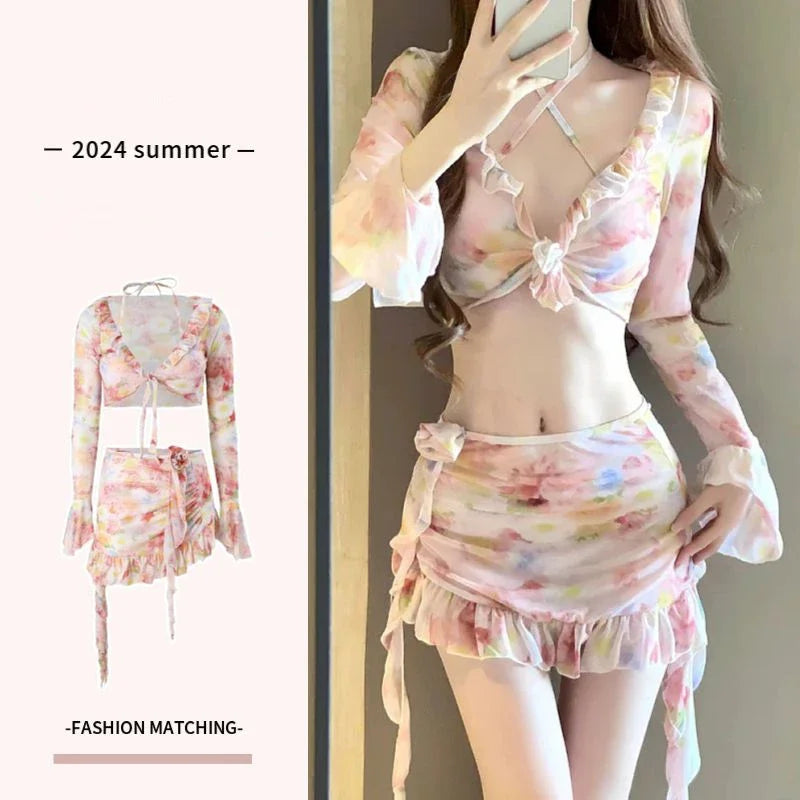 Sexy Floral Print Bikini Set – 4-Piece Hollow Push-Up Swimsuit