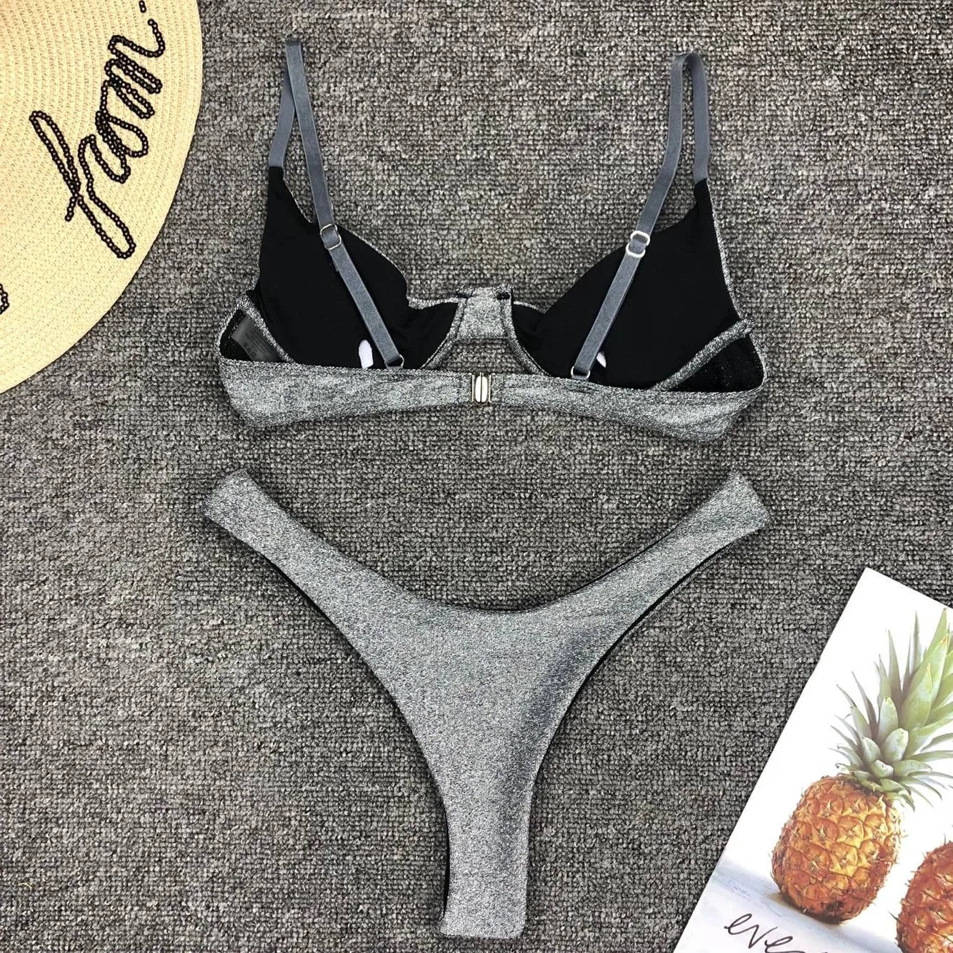 Sexy Silver Glitter Bikini – Push-Up Cut Out Thong Swimsuit