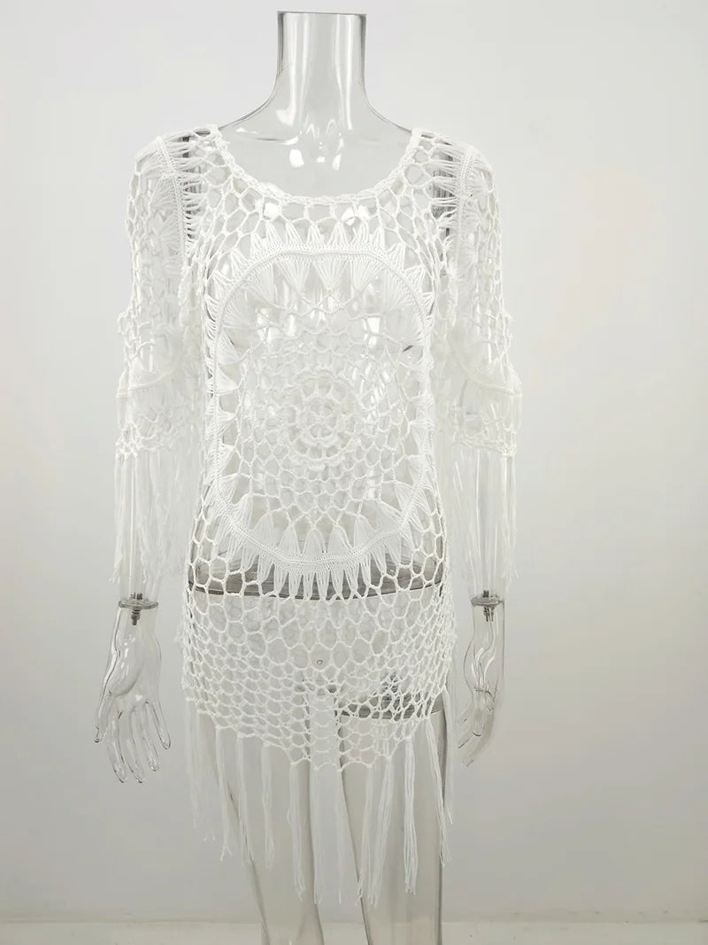 BabYoung Handmade Crochet Lace Beach Cover-Up – Bohemian Fringe Dress