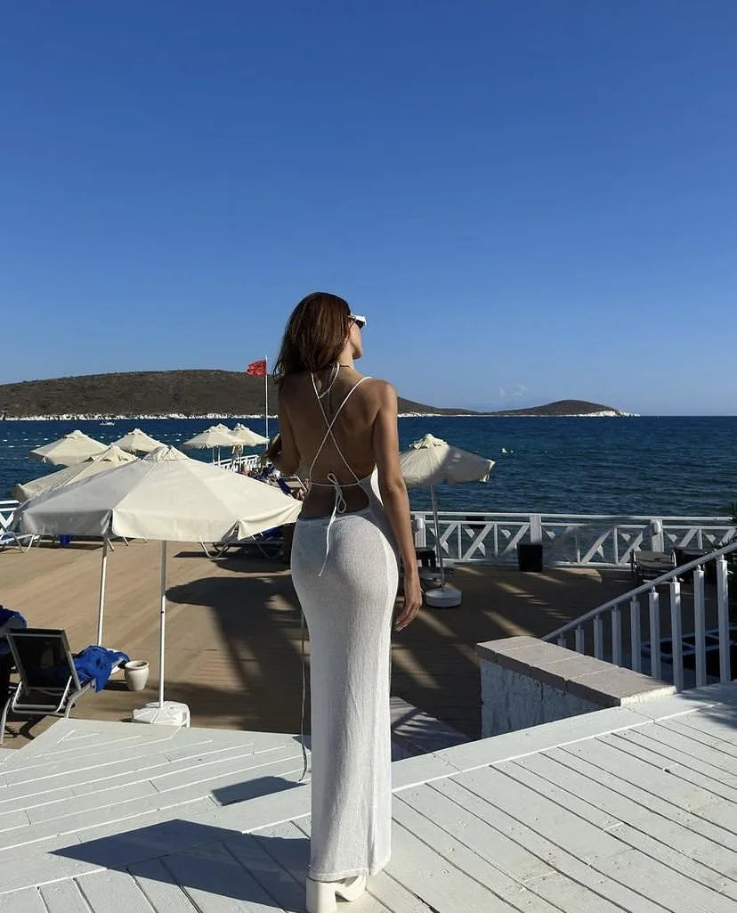 Knitted See-Through Beach Cover-Up – Sexy Maxi Slit Bodycon Dress