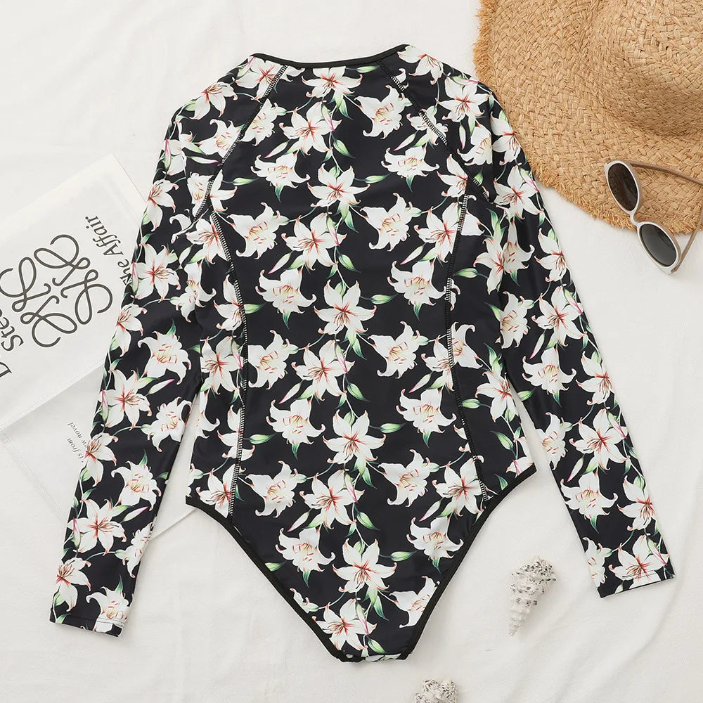 2025 Women’s Long Sleeve Surfing One-Piece Swimsuit