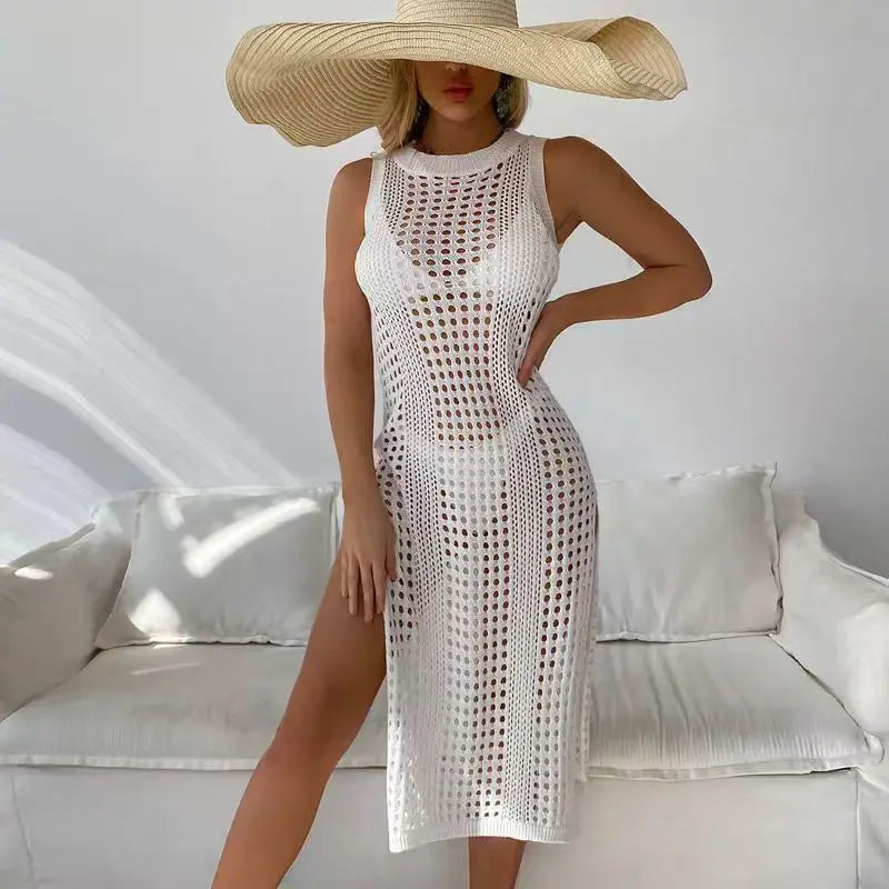 Abrini Women’s Hollow Crochet Cover-Up – Sleeveless Bikini Dress