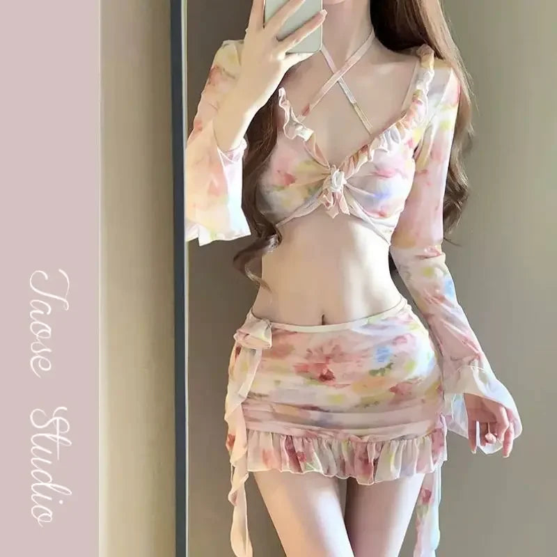 Sexy Floral Print Bikini Set – 4-Piece Hollow Push-Up Swimsuit