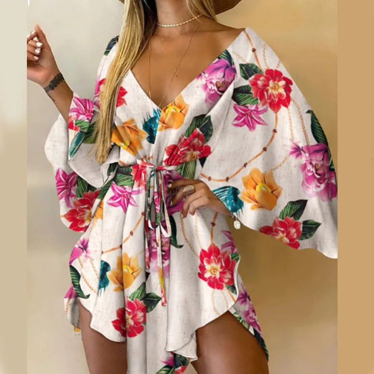 Women’s V-Neck Bohemian Beach Sundress – Floral Print Bat Sleeve Mini Dress
