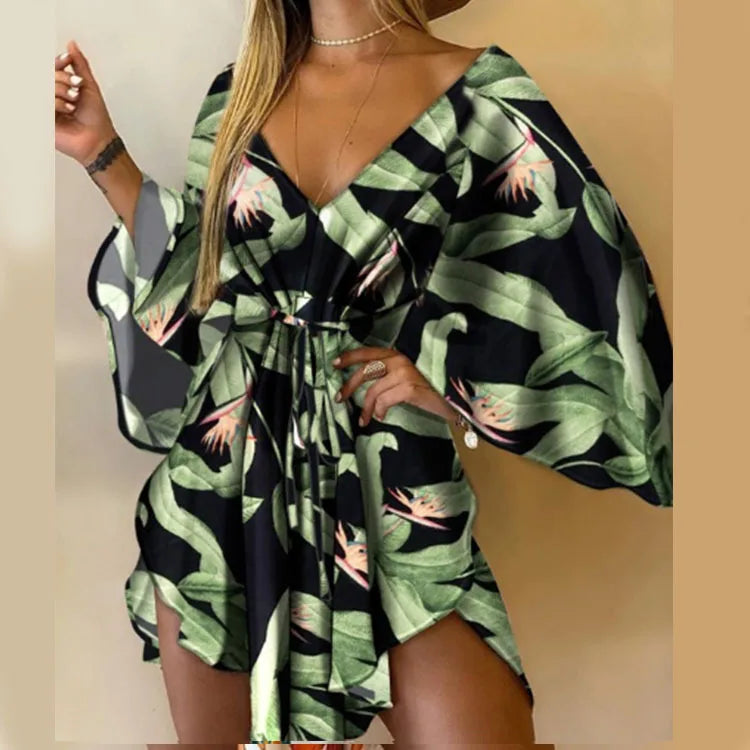 Women’s V-Neck Bohemian Beach Sundress – Floral Print Bat Sleeve Mini Dress