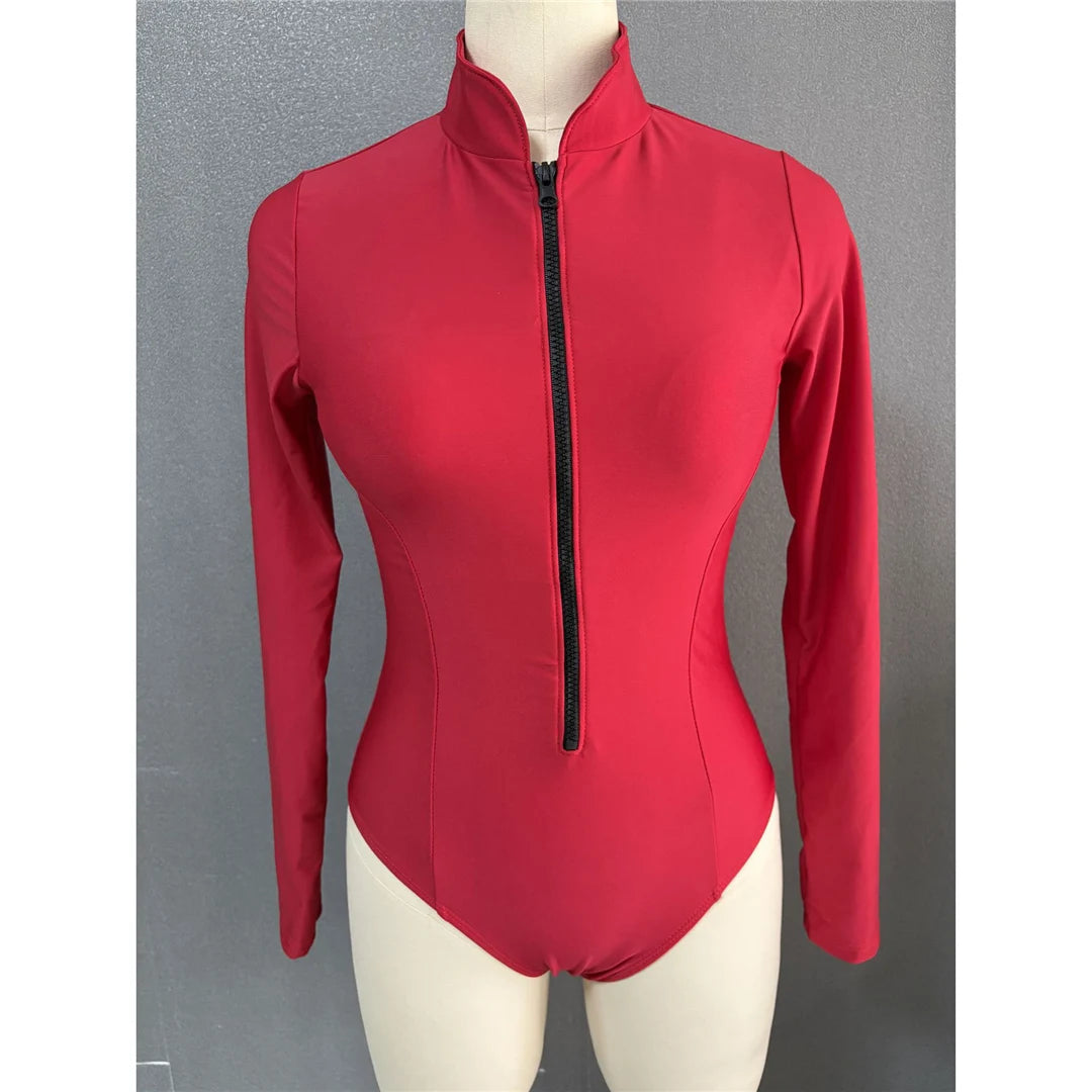 S-2XL Women’s Long Sleeve Zipper Surf Rash Guard One-Piece Swimsuit
