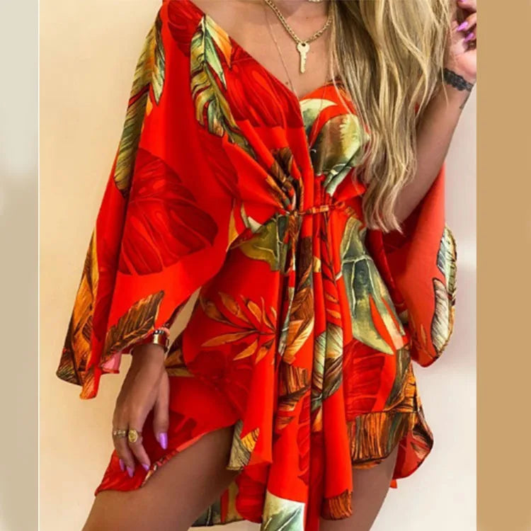 Women’s V-Neck Bohemian Beach Sundress – Floral Print Bat Sleeve Mini Dress