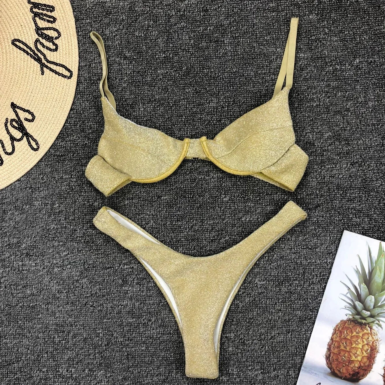 Sexy Silver Glitter Bikini – Push-Up Cut Out Thong Swimsuit