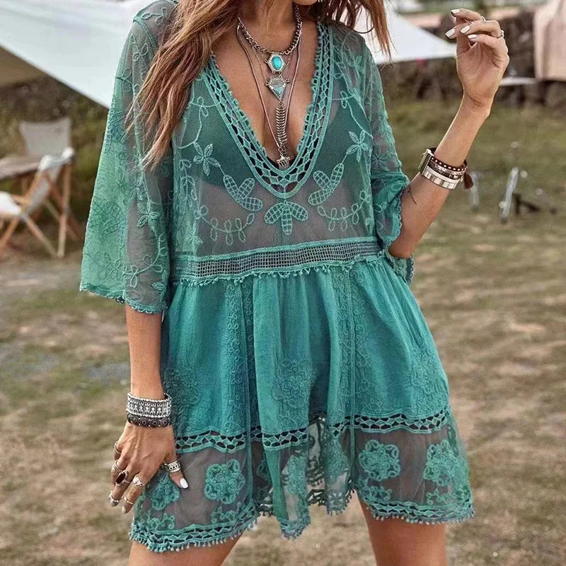 Women’s V-Neck Beach Cover-Up Tunic – Crochet Sarong Bikini Dress