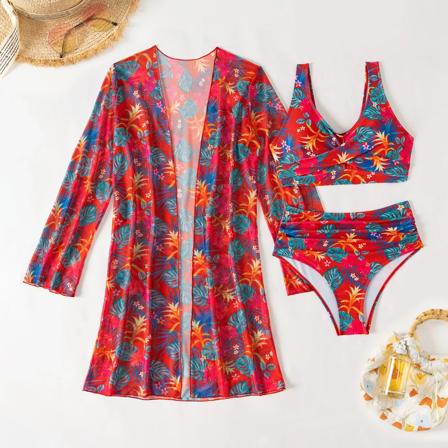 2025 Sexy Floral 3-Piece Bikini Set – High Waist Women’s Swimwear