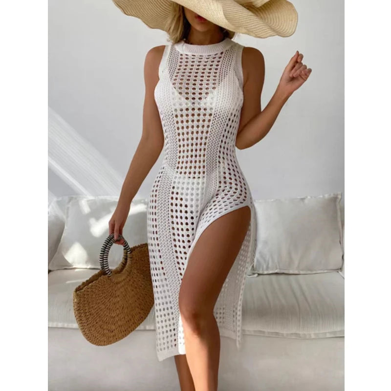 Abrini Women’s Hollow Crochet Cover-Up – Sleeveless Bikini Dress