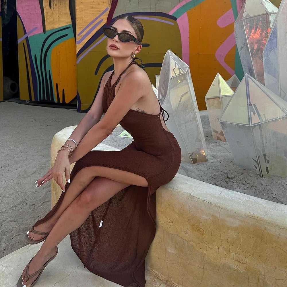 Knitted See-Through Beach Cover-Up – Sexy Maxi Slit Bodycon Dress