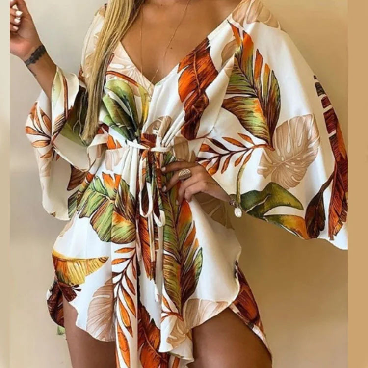 Women’s V-Neck Bohemian Beach Sundress – Floral Print Bat Sleeve Mini Dress