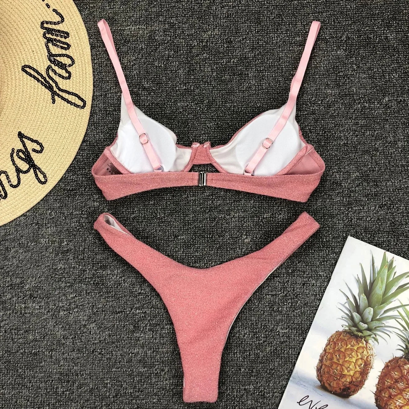 Sexy Silver Glitter Bikini – Push-Up Cut Out Thong Swimsuit