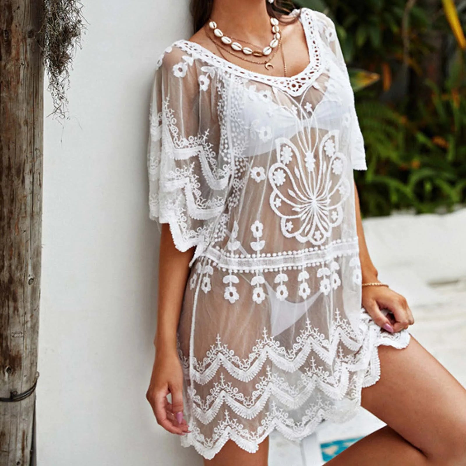Women’s Beach Cover-Up – Loose Mid-Length Lace Bikini Shirt