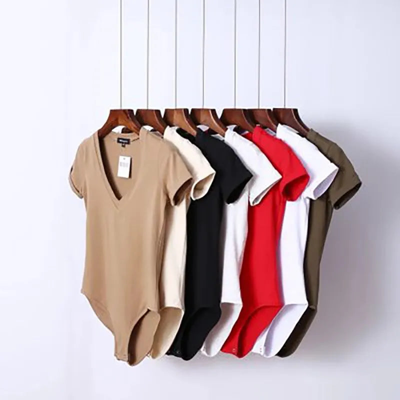 Summer New Bodysuits Solid Color Sexy V
