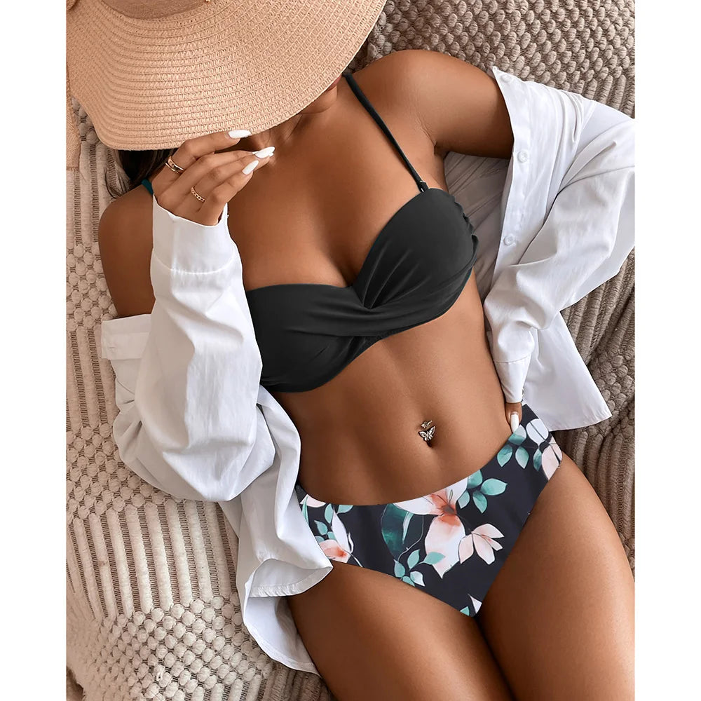 eopard Print Bikini Set – Floral Push-Up Low Waist Swimwear