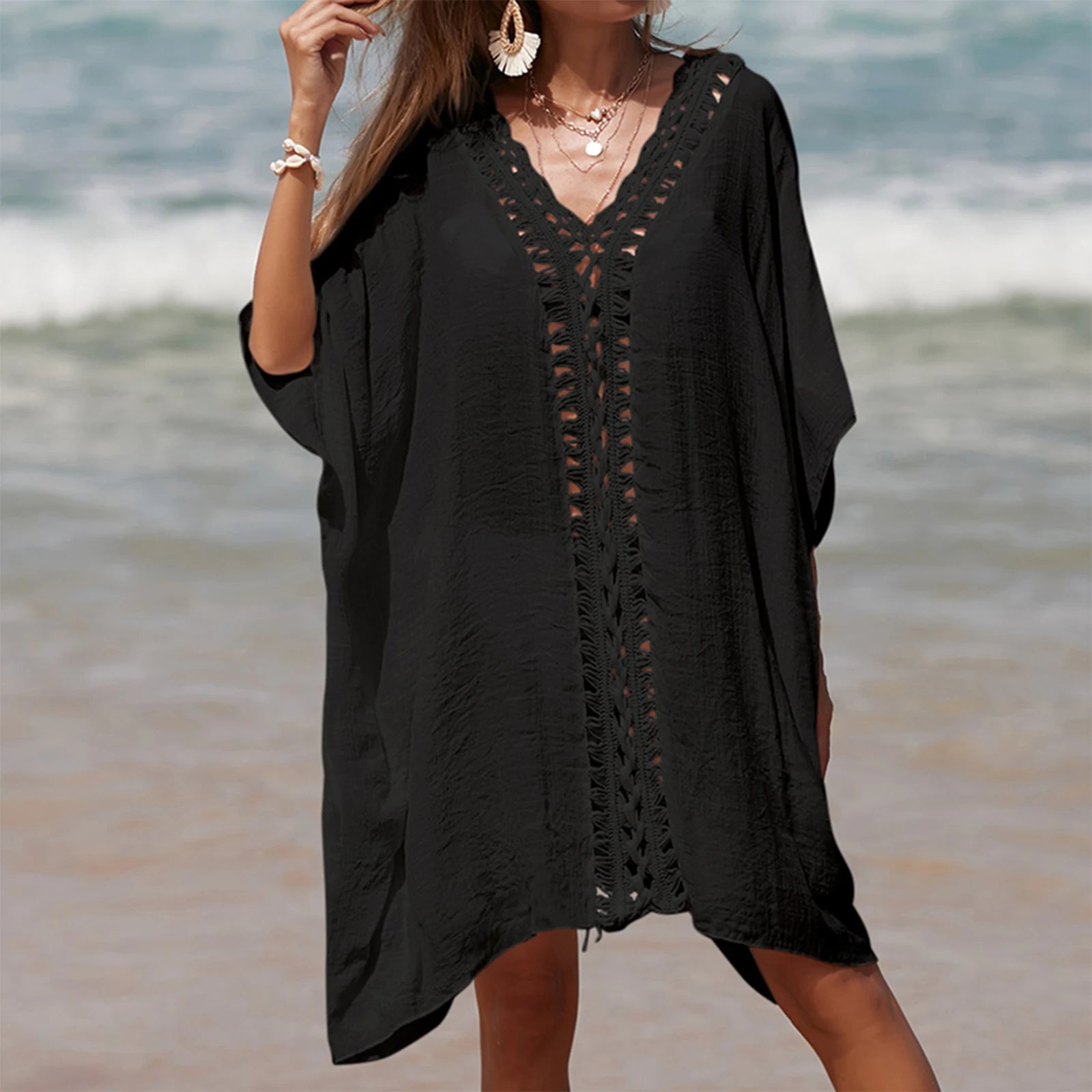 Women’s Crochet Cutout Beach Cover-Up – Loose Summer Swimsuit Dress