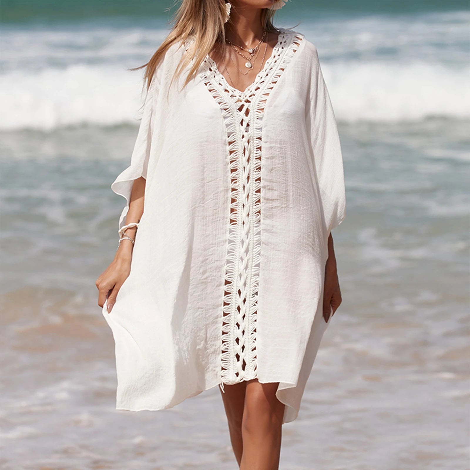 Women’s Crochet Cutout Beach Cover-Up – Loose Summer Swimsuit Dress
