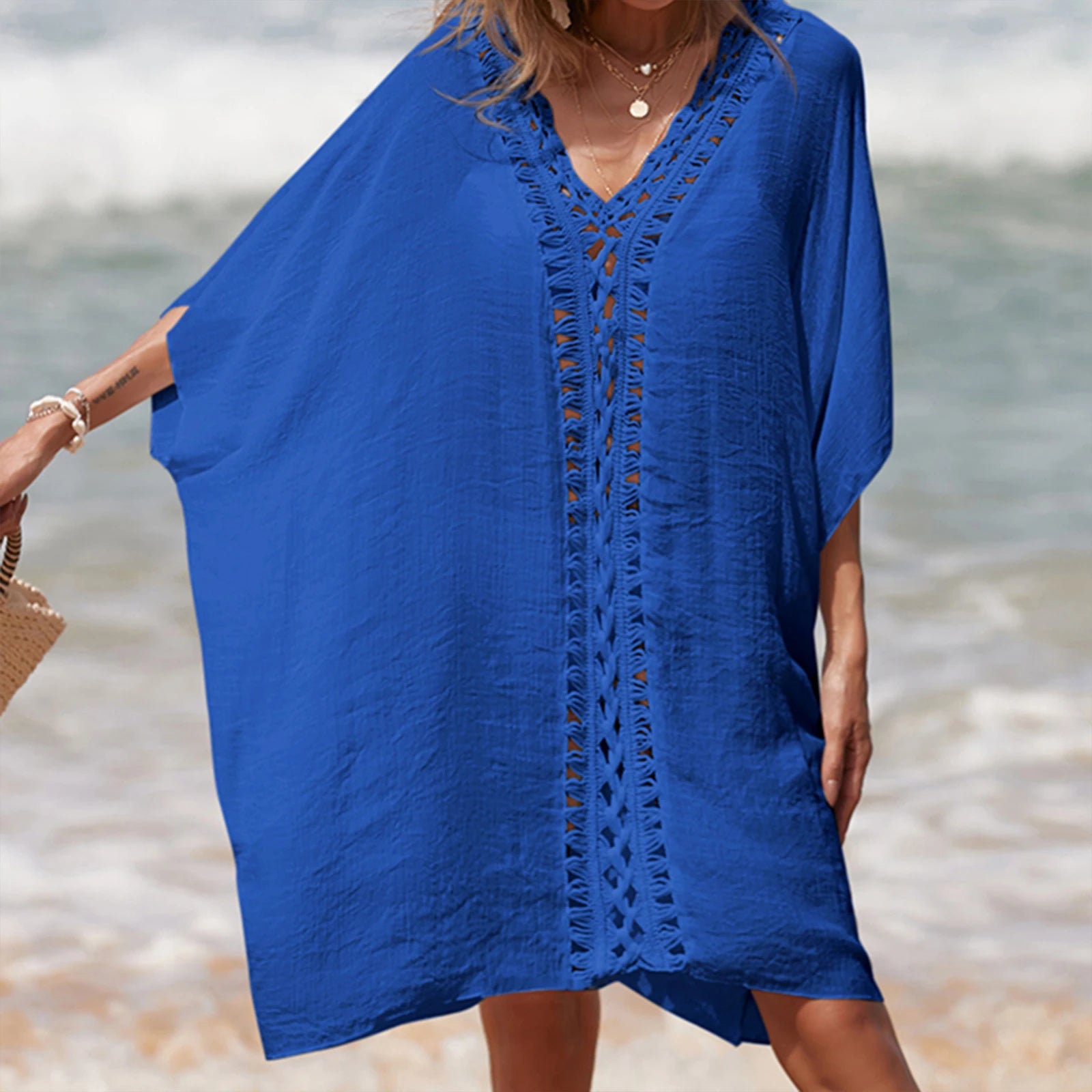 Women’s Crochet Cutout Beach Cover-Up – Loose Summer Swimsuit Dress