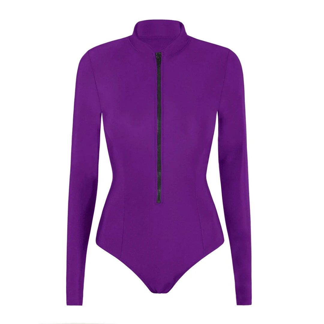 S-2XL Women’s Long Sleeve Zipper Surf Rash Guard One-Piece Swimsuit