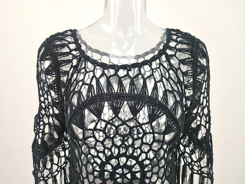 BabYoung Handmade Crochet Lace Beach Cover-Up – Bohemian Fringe Dress
