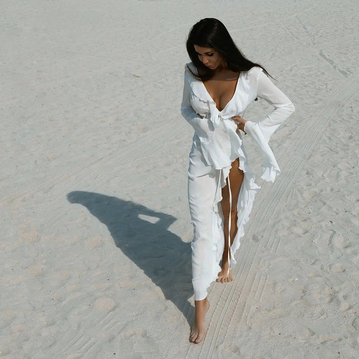 Sexy V-Neck Ruffled Chiffon Beach Cover-Up Dress