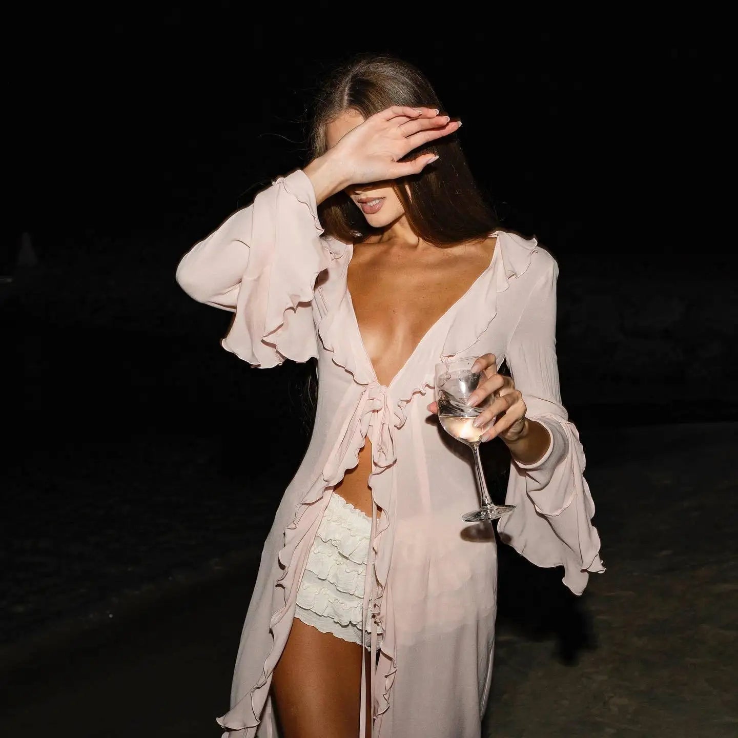 Sexy V-Neck Ruffled Chiffon Beach Cover-Up Dress