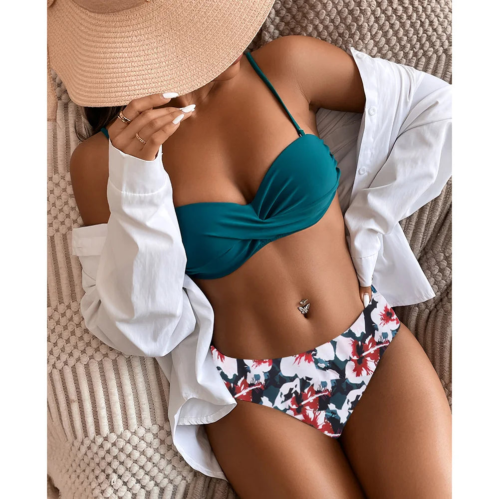 eopard Print Bikini Set – Floral Push-Up Low Waist Swimwear