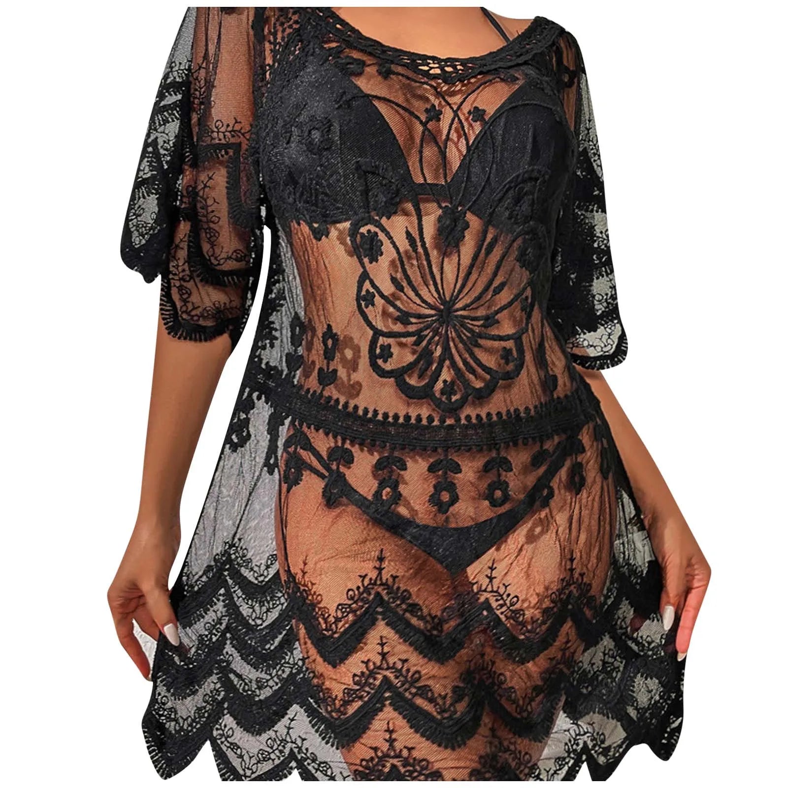 Women’s Beach Cover-Up – Loose Mid-Length Lace Bikini Shirt