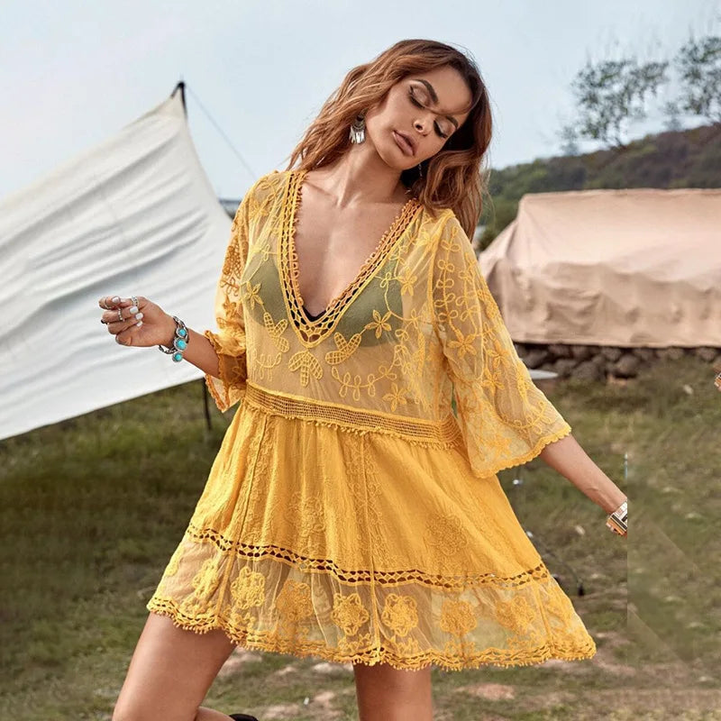 Women’s V-Neck Beach Cover-Up Tunic – Crochet Sarong Bikini Dress