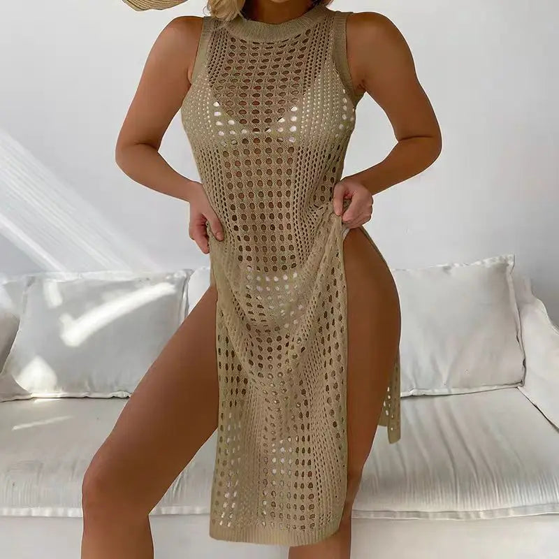 Abrini Women’s Hollow Crochet Cover-Up – Sleeveless Bikini Dress