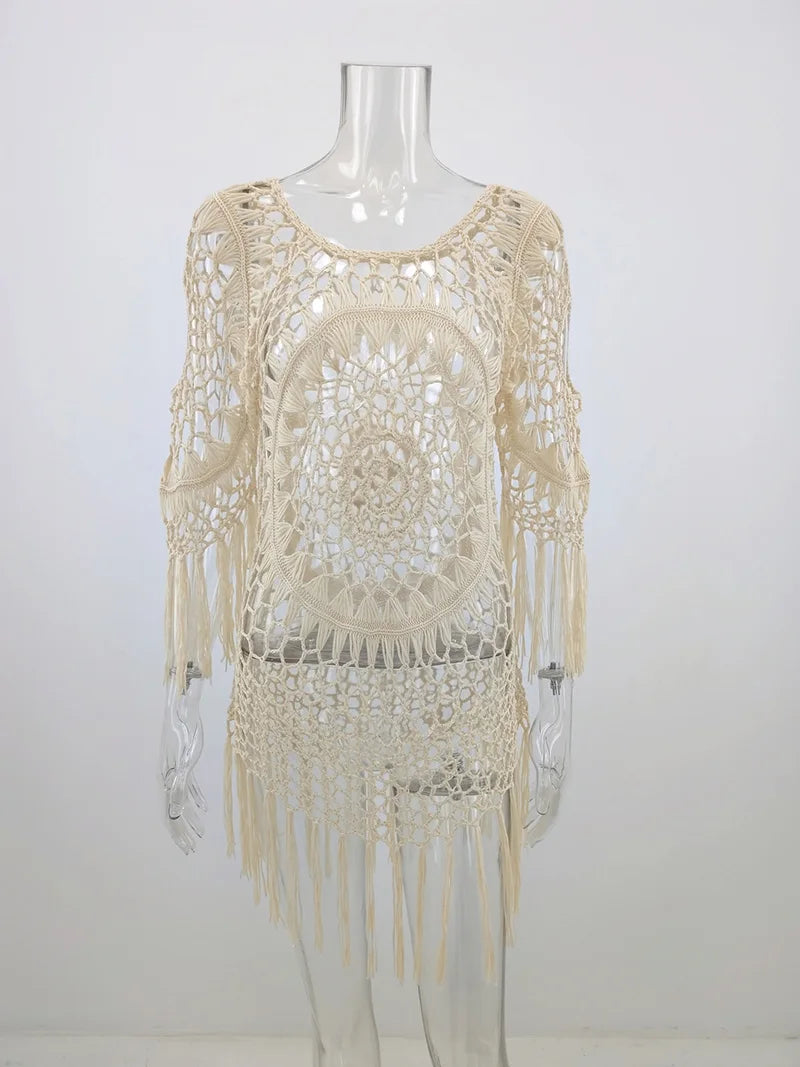 BabYoung Handmade Crochet Lace Beach Cover-Up – Bohemian Fringe Dress