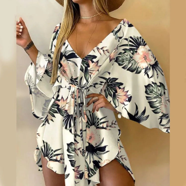 Women’s V-Neck Bohemian Beach Sundress – Floral Print Bat Sleeve Mini Dress