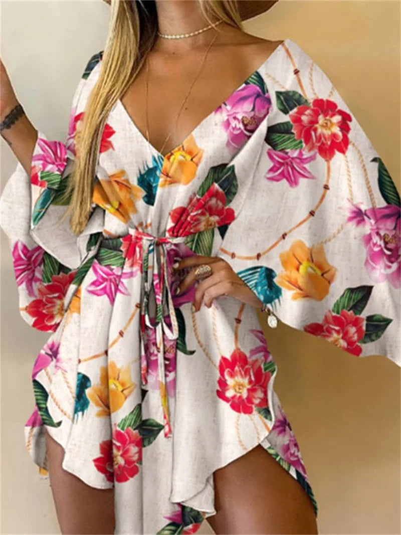 Women’s V-Neck Bohemian Beach Sundress – Floral Print Bat Sleeve Mini Dress