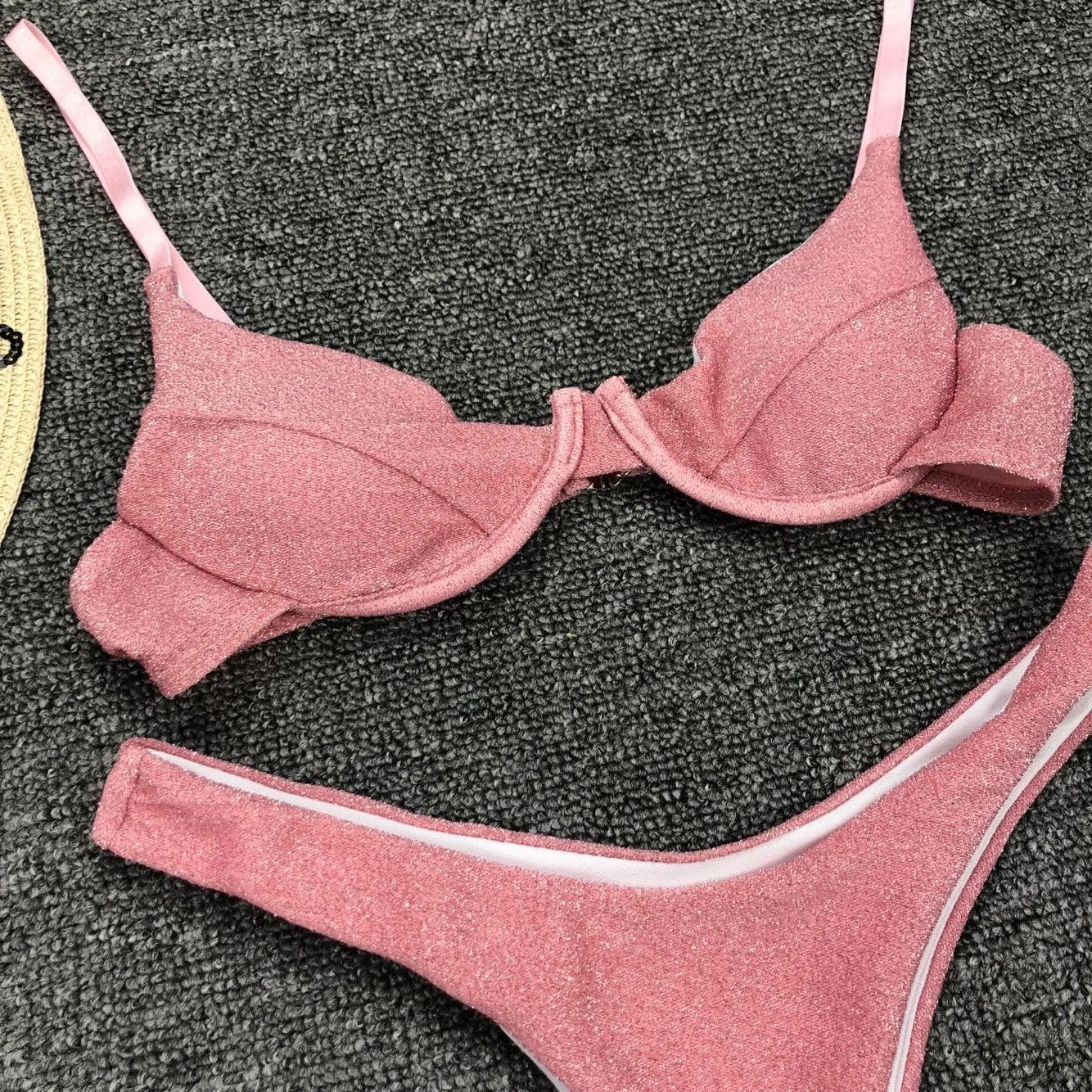 Sexy Silver Glitter Bikini – Push-Up Cut Out Thong Swimsuit