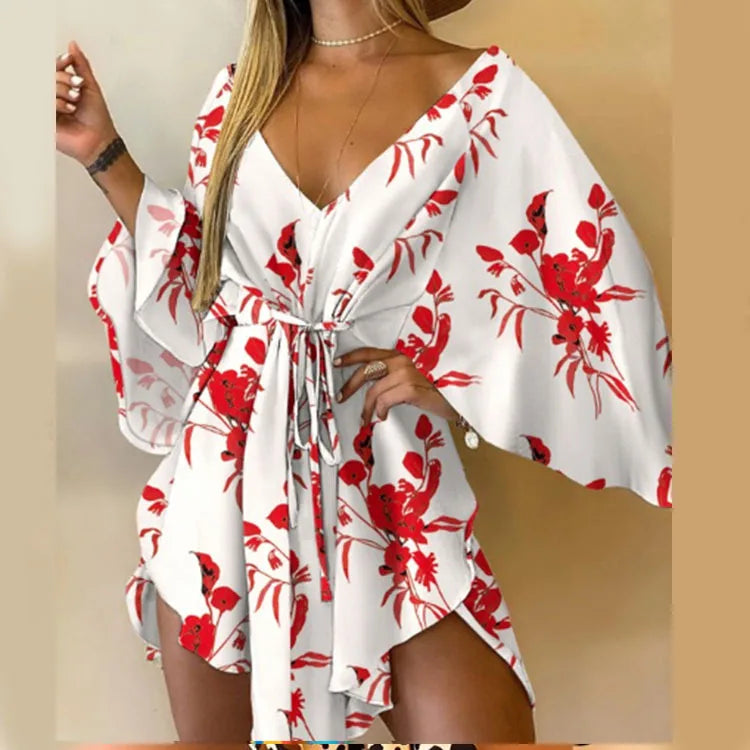 Women’s V-Neck Bohemian Beach Sundress – Floral Print Bat Sleeve Mini Dress