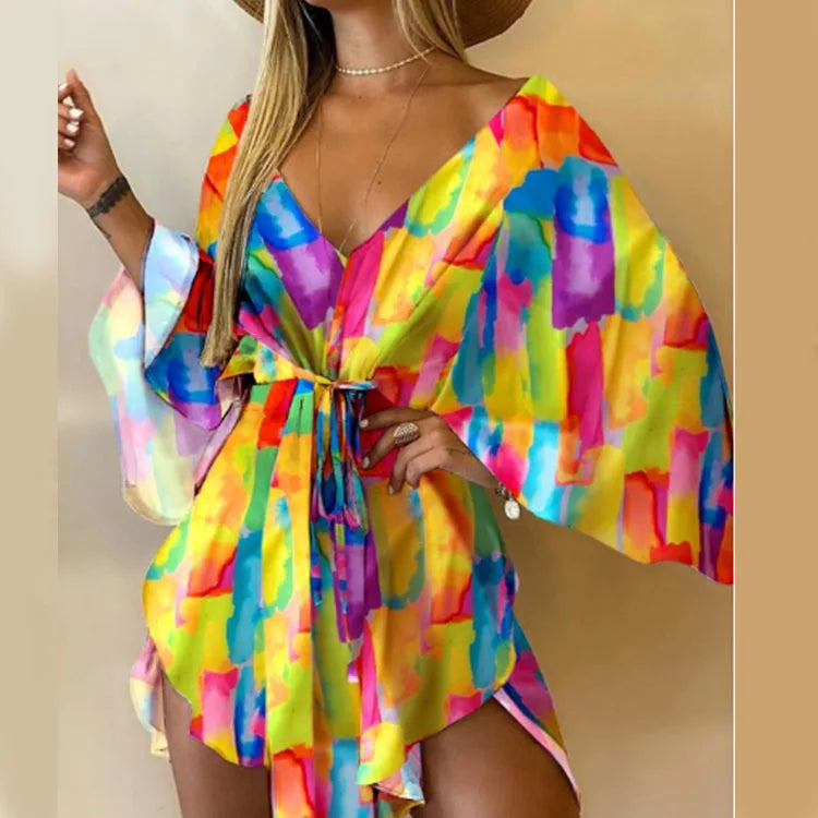 Women’s V-Neck Bohemian Beach Sundress – Floral Print Bat Sleeve Mini Dress