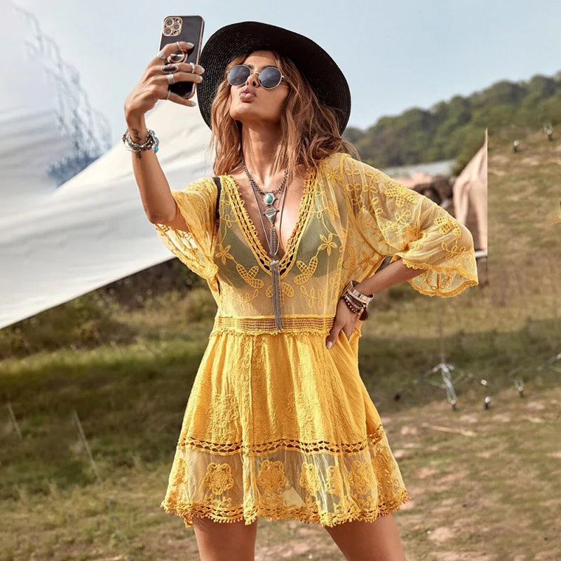 Women’s V-Neck Beach Cover-Up Tunic – Crochet Sarong Bikini Dress