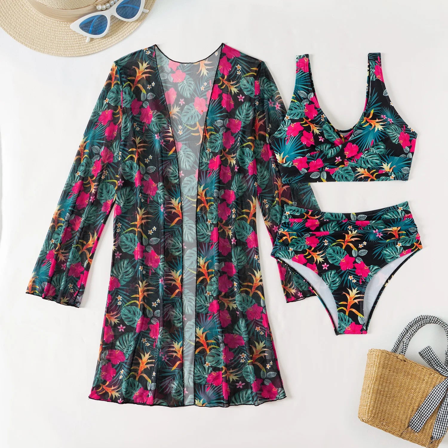 2025 Sexy Floral 3-Piece Bikini Set – High Waist Women’s Swimwear